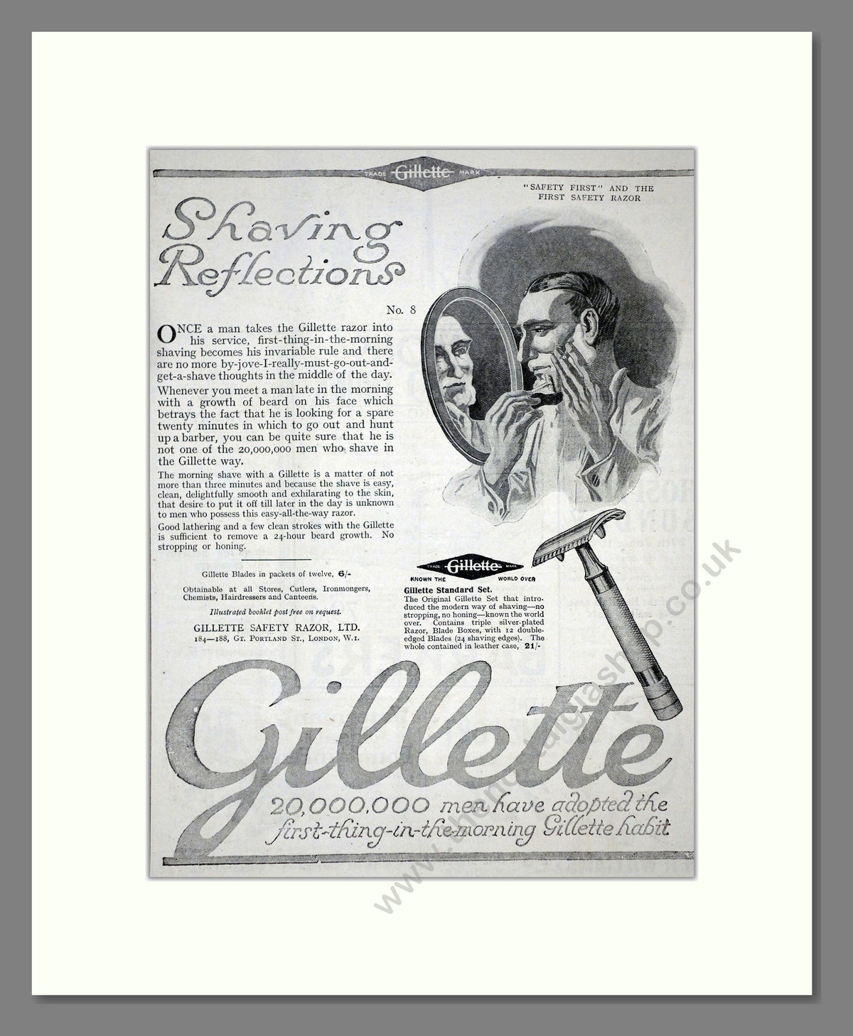 Gillette Razor Advert Gillette - Safety Razor. Vintage Advert 1920 (ref AD62152) – The ...