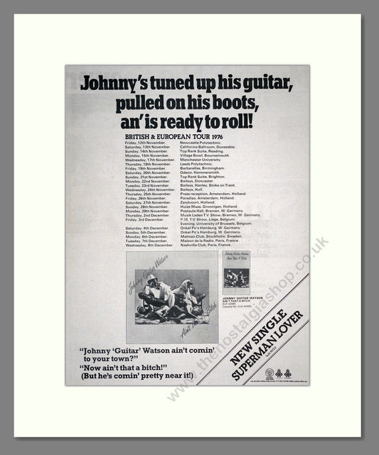 Johnny Guitar Watson - European Tour. Vintage Advert 1976 (ref AD18599)