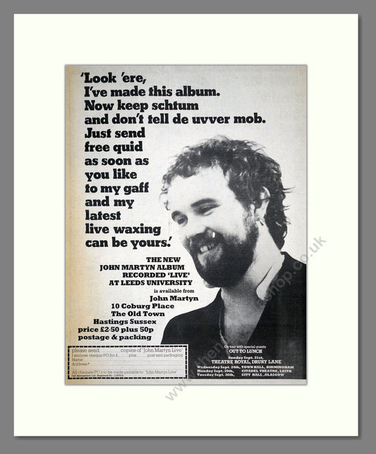 John Martyn - Live At Leeds University. Vintage Advert 1975 (ref AD18643)