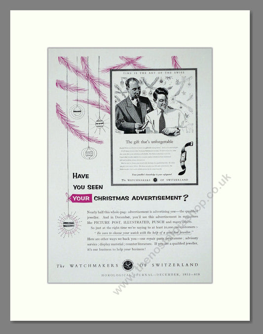 Watchmakers Of Switzerland - Christmas Advertisement. Vintage Advert 1953 (ref AD62232)