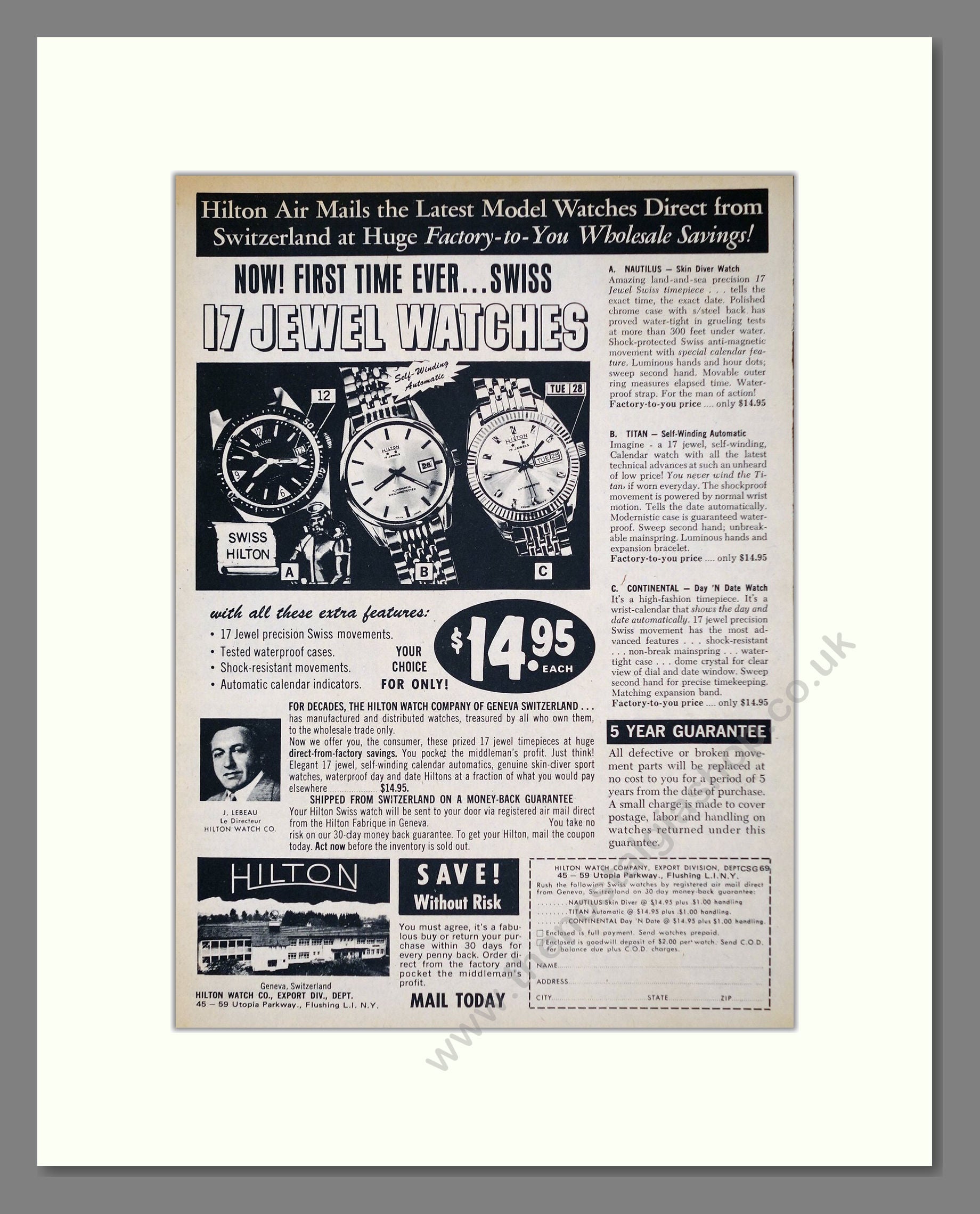 Hilton - 17 Jewel. Vintage Advert 1969 (ref AD62238)