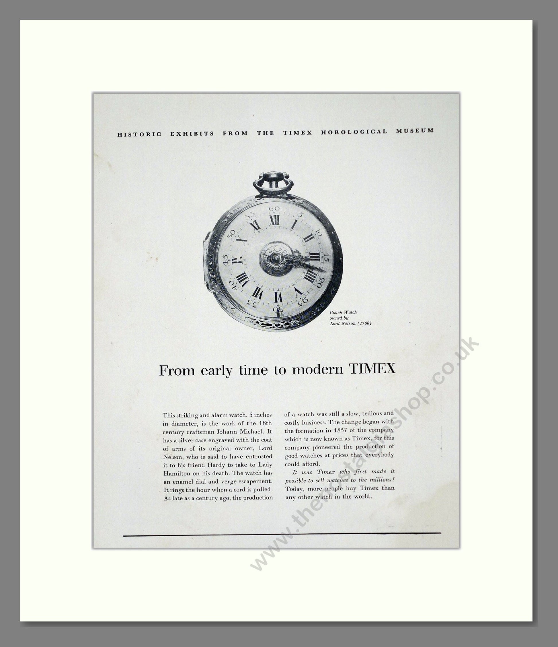 Timex - Nelson Coach Watch. Vintage Advert 1957 (ref AD62311)