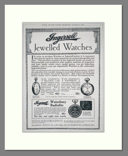 Ingersoll - Reliance / Waterbury. Vintage Advert 1919 (ref AD62319)