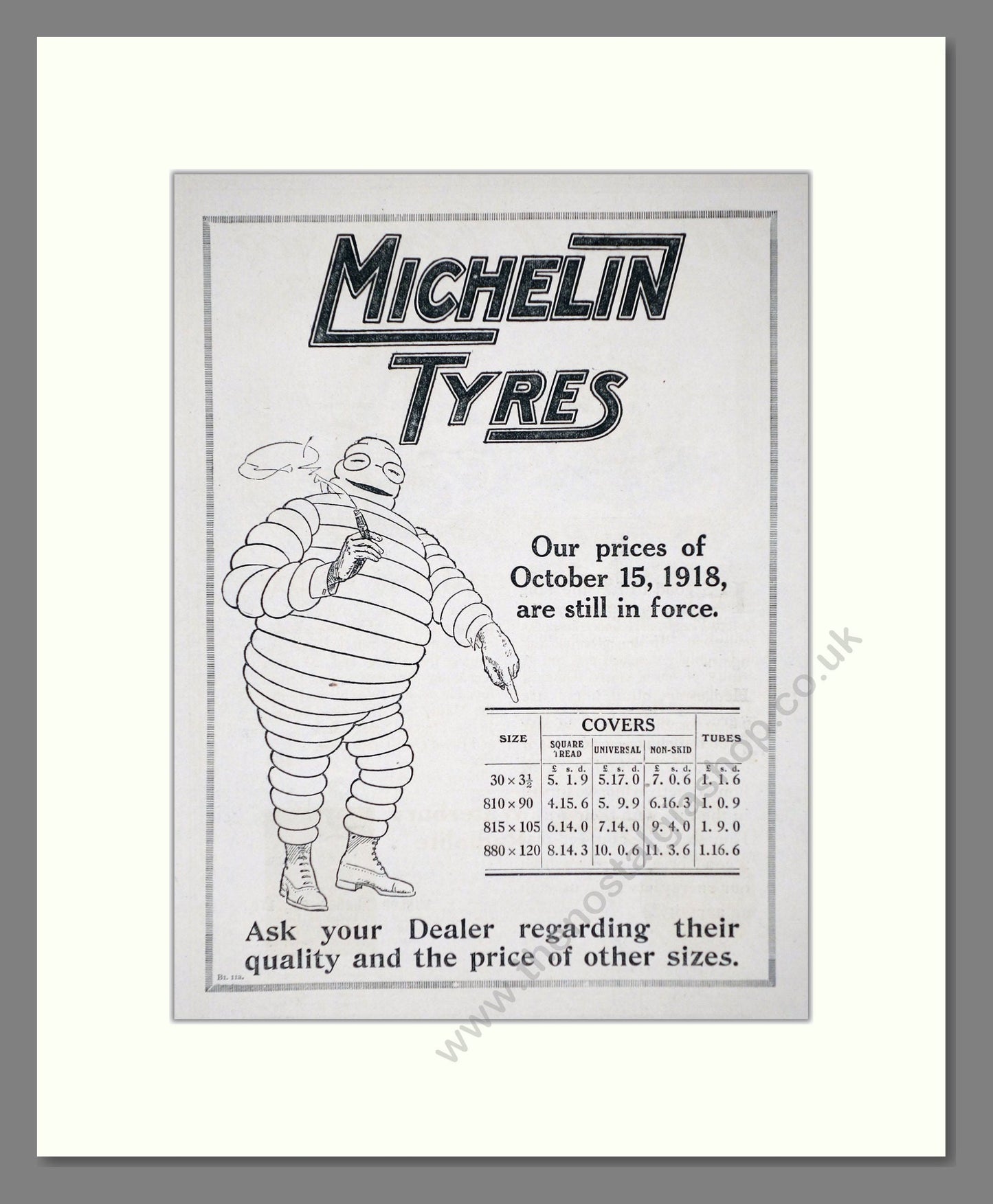 Michelin - Tyres Price List. Vintage Advert 1919 (ref AD62611)