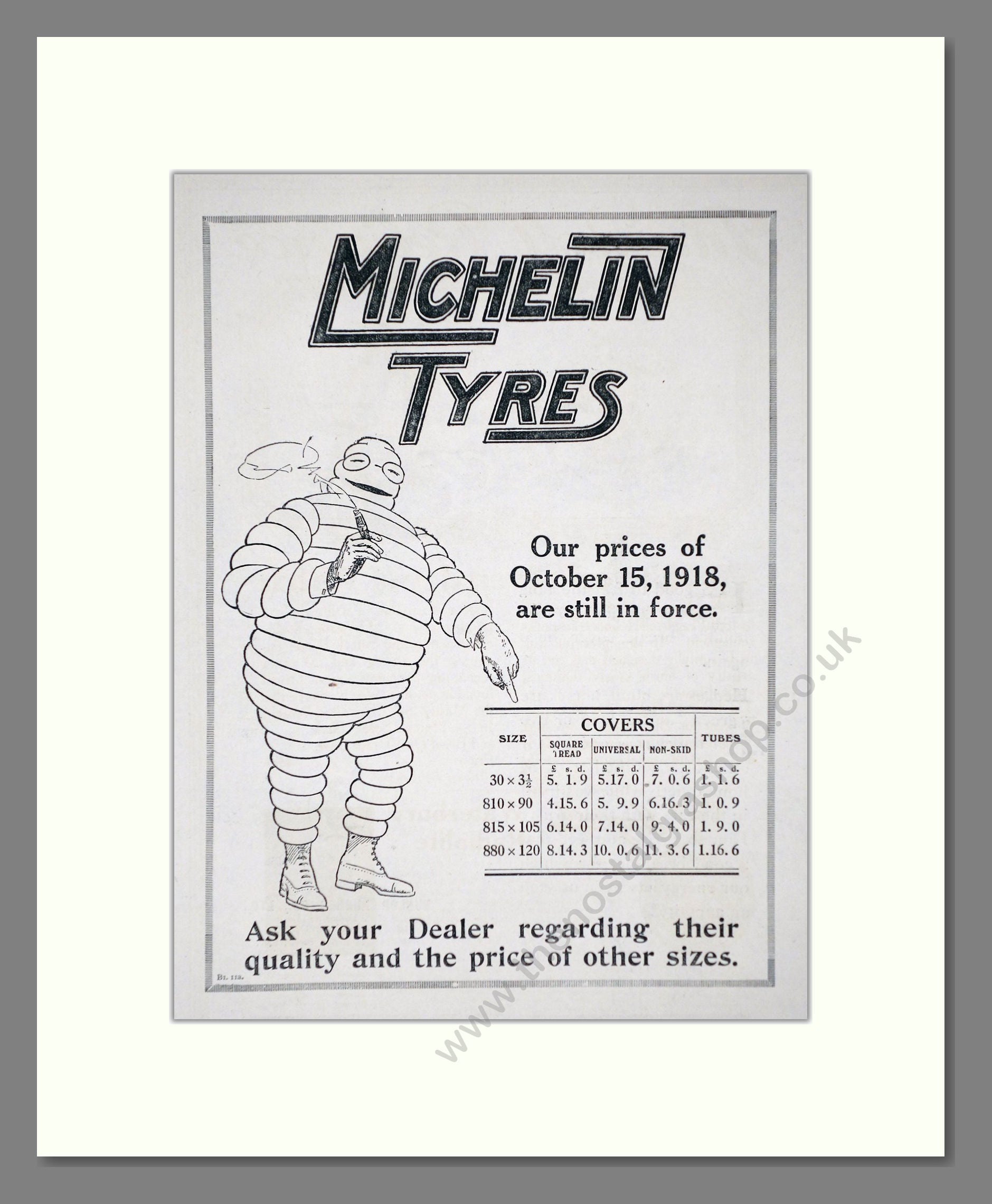 Michelin - Tyres Price List. Vintage Advert 1919 (ref AD62611)