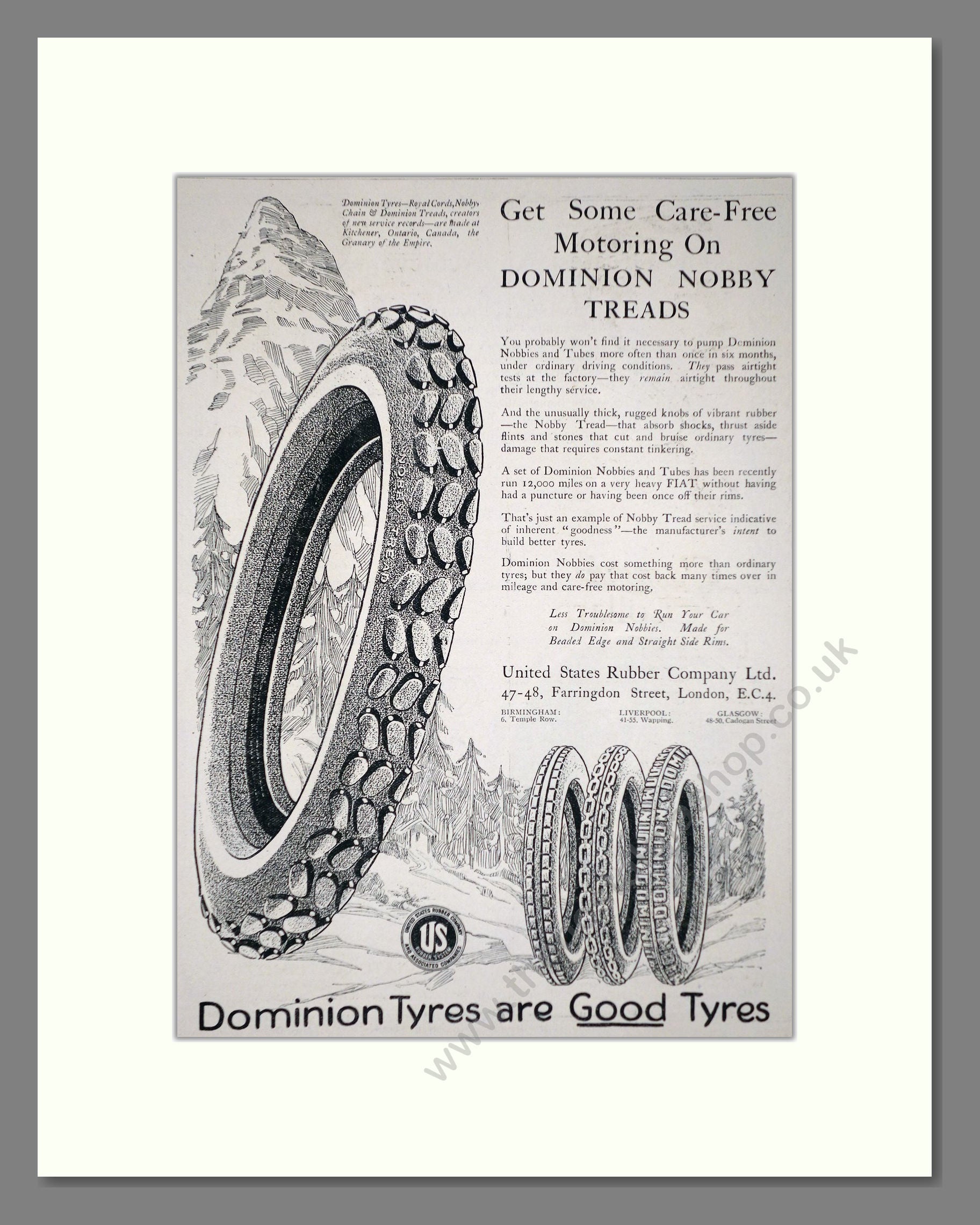 Dominion - Nobby Tread Tyres. Vintage Advert 1920 (ref AD62646)