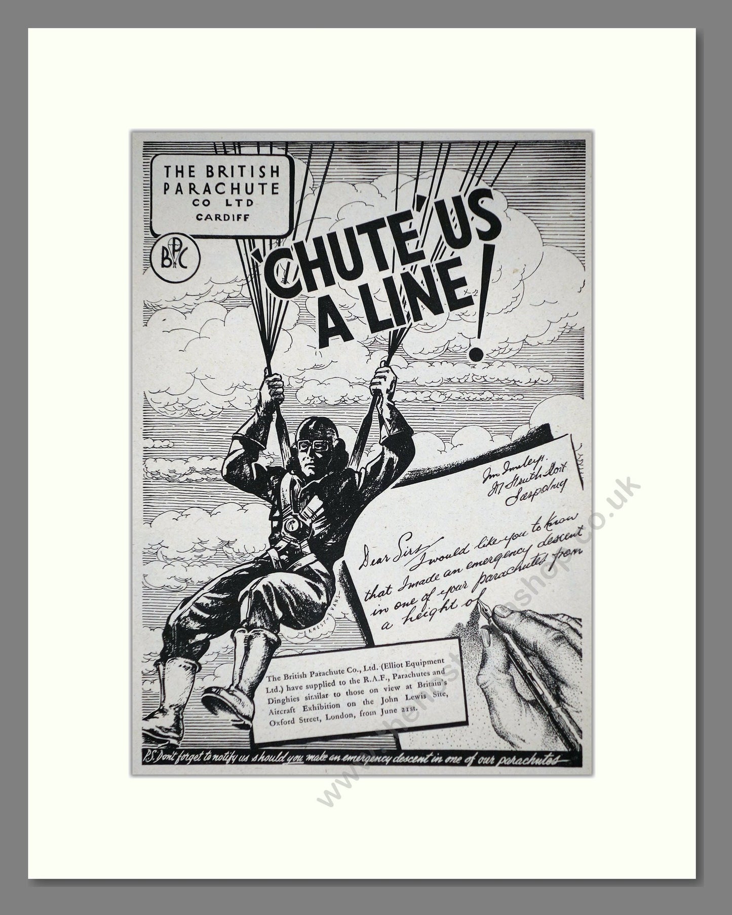 British Parachute Co - Chute Us A Line. Vintage Advert 1945 (ref AD62652)