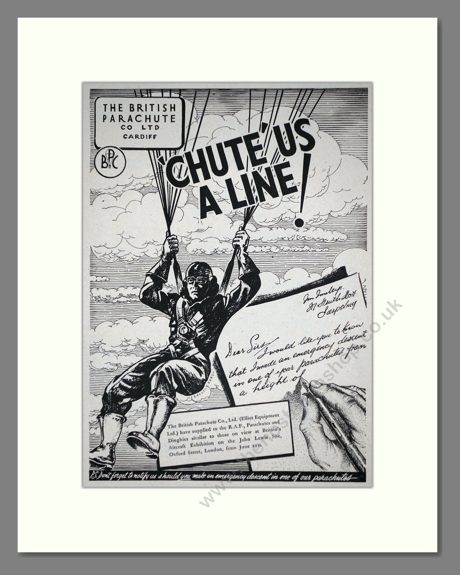 British Parachute Co - Chute Us A Line. Vintage Advert 1945 (ref AD62652)