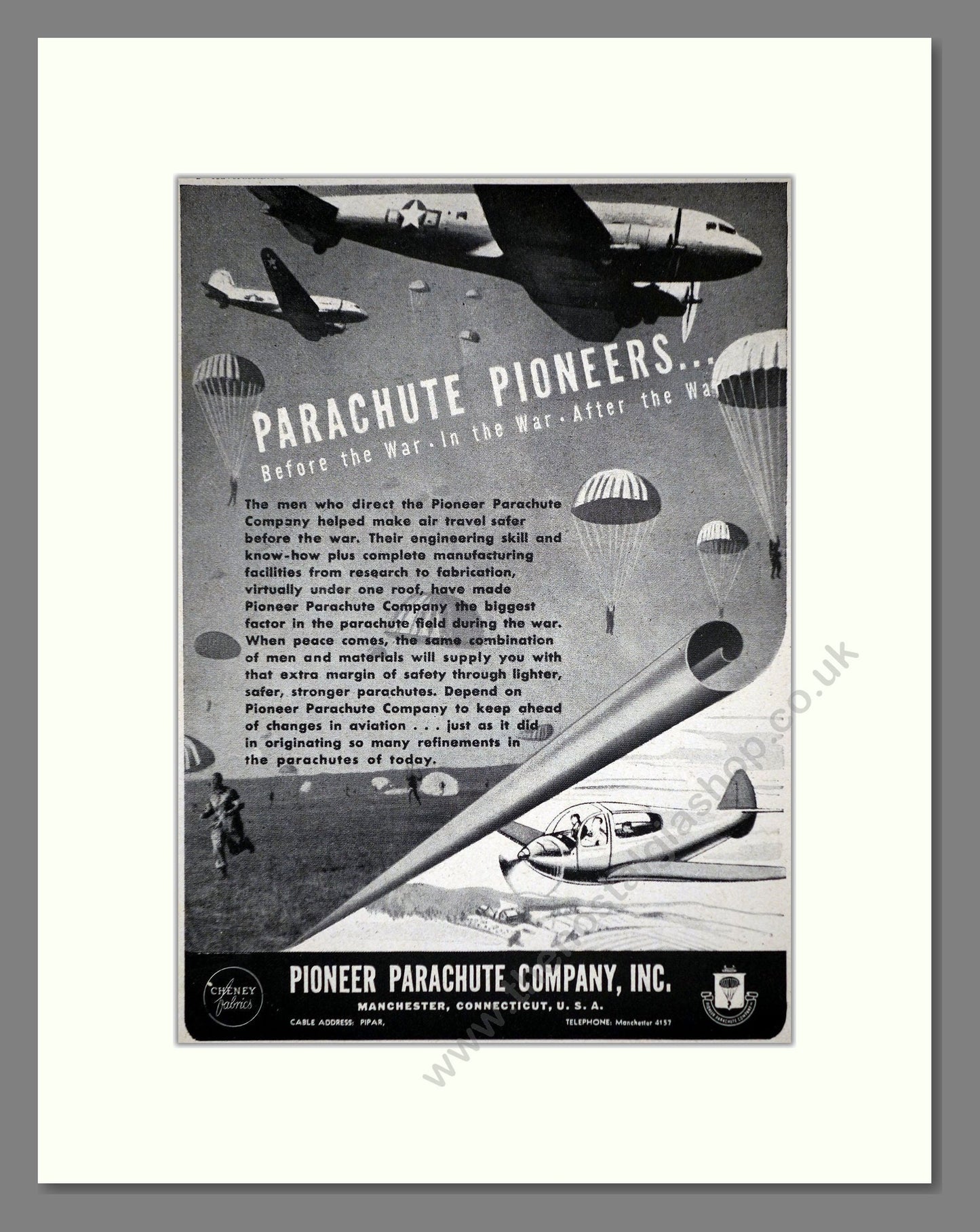 Pioneer Parachute Co - Before / In / After The War. Vintage Advert 1945 (ref AD62659)