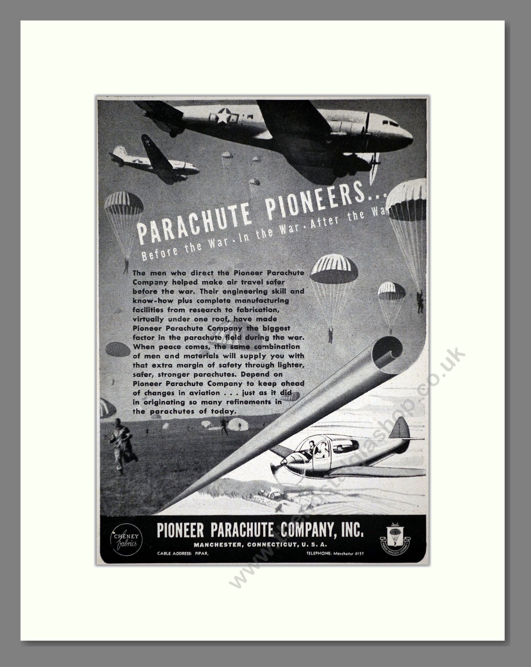 Pioneer Parachute Co - Before / In / After The War. Vintage Advert 1945 (ref AD62659)