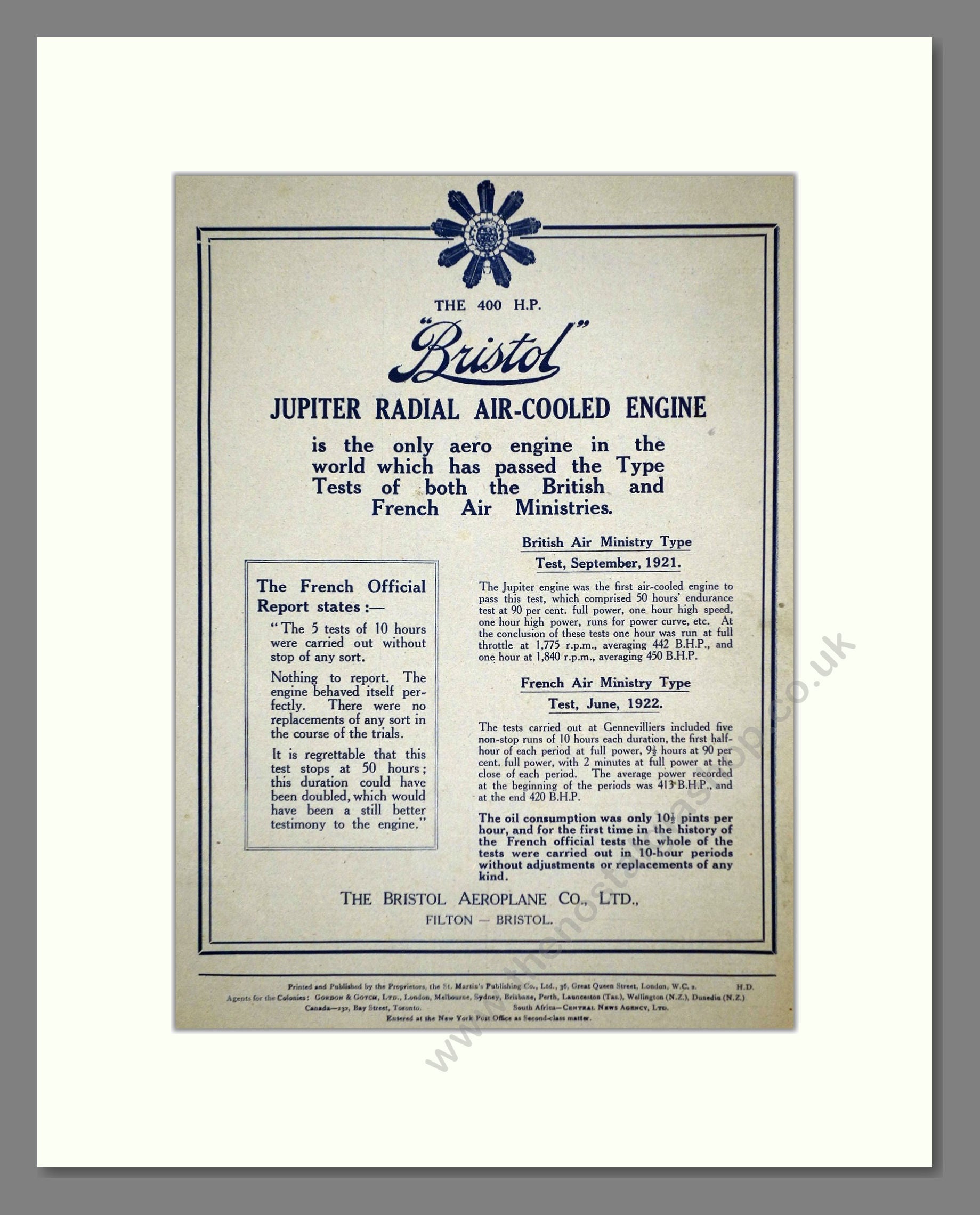 Bristol - Jupiter Aircooled Engine. Vintage Advert 1922 (ref AD62670)