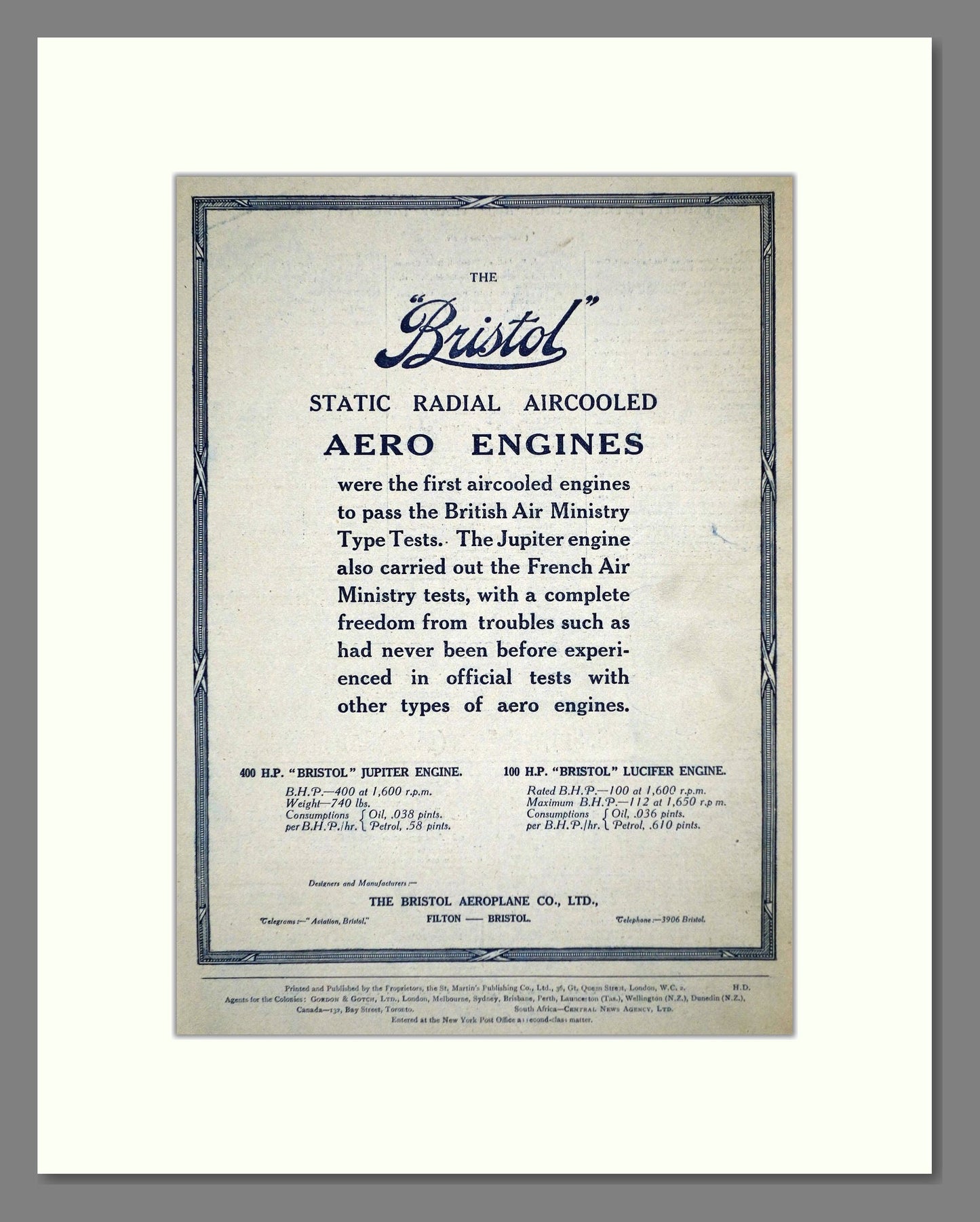 Bristol - Jupiter Aircooled Engine. Vintage Advert 1923 (ref AD62671)