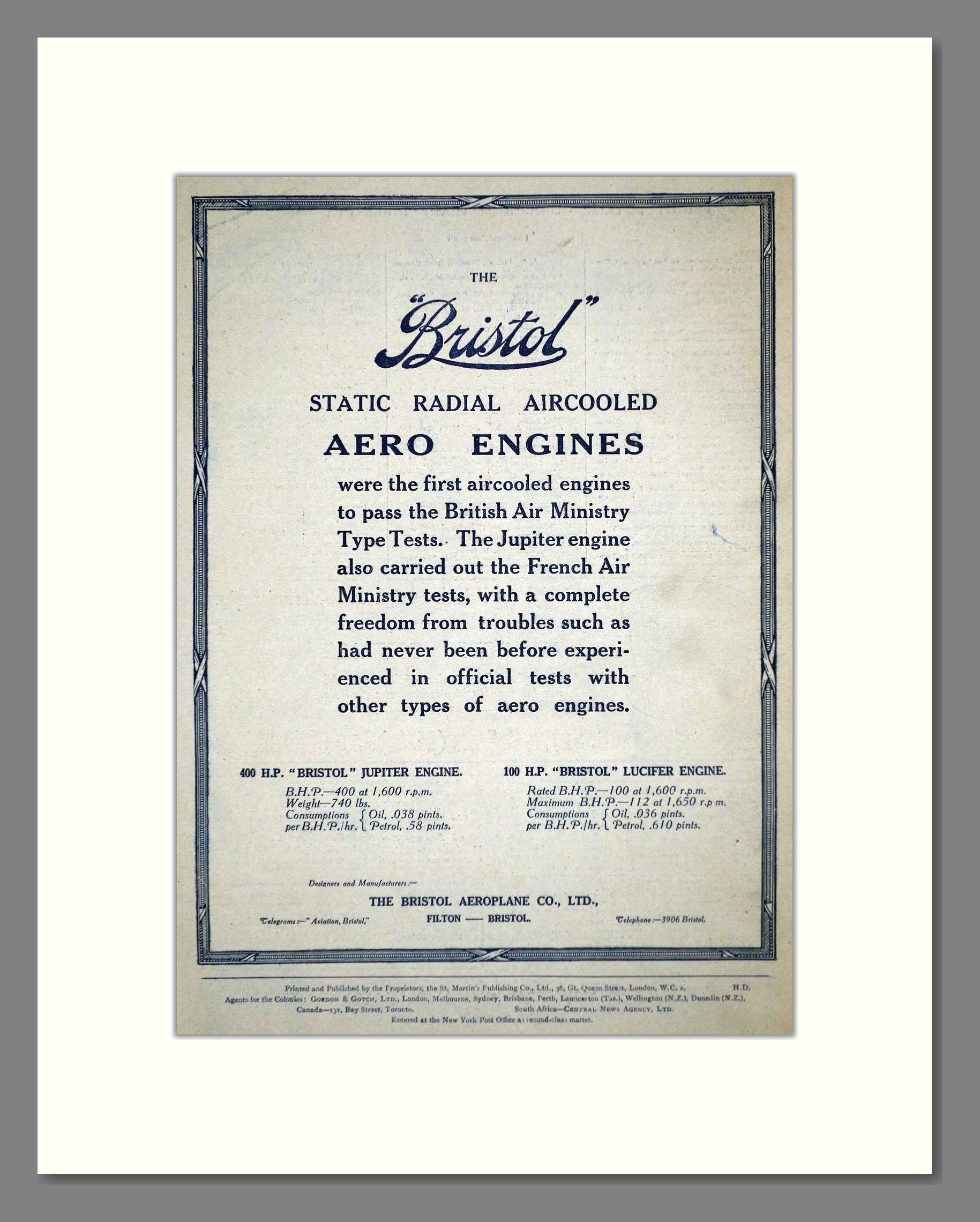 Bristol - Jupiter Aircooled Engine. Vintage Advert 1923 (ref AD62671)