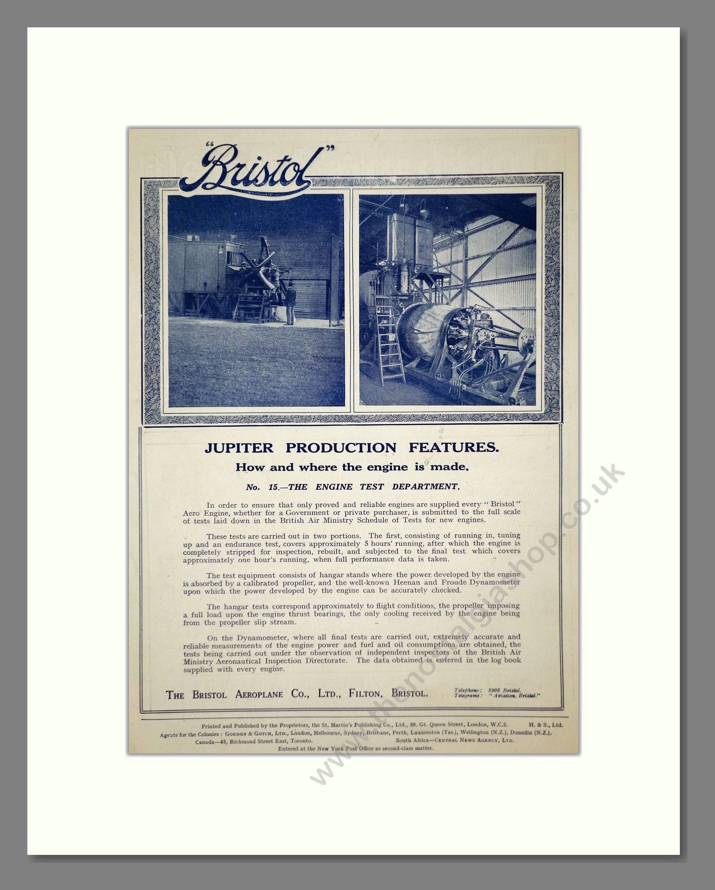 Bristol - Jupiter Aircooled Engine. Vintage Advert 1928 (ref AD62674)