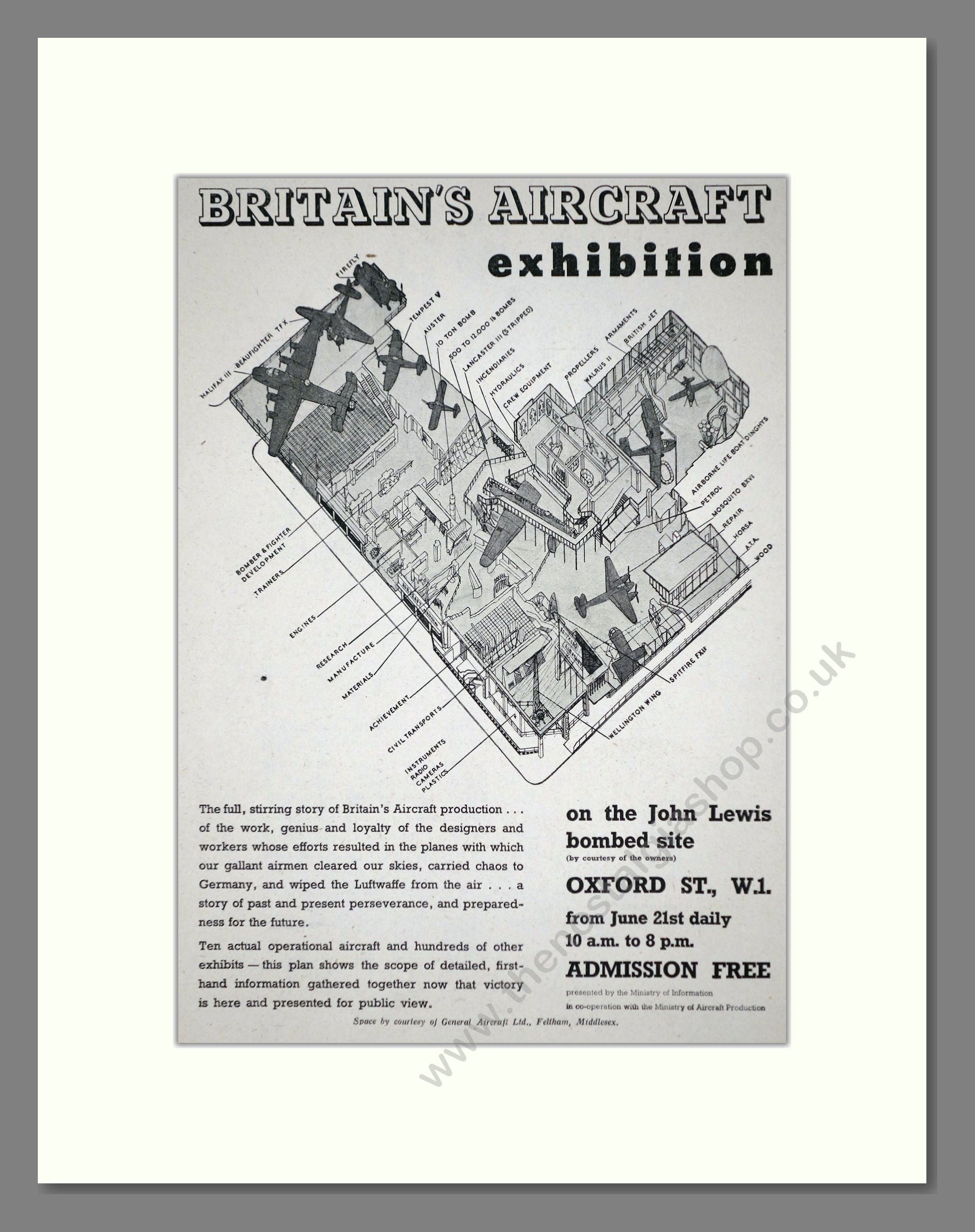 Britain's Aircraft Exhibition  - John Lewis Site. Vintage Advert 1945 (ref AD62706)