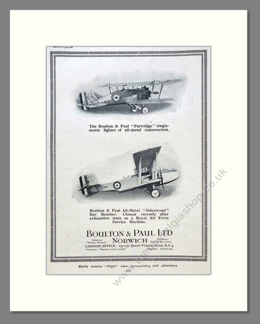 Boulton Paul - Partridge / Sidestrand. Vintage Advert 1928 (ref AD62895)