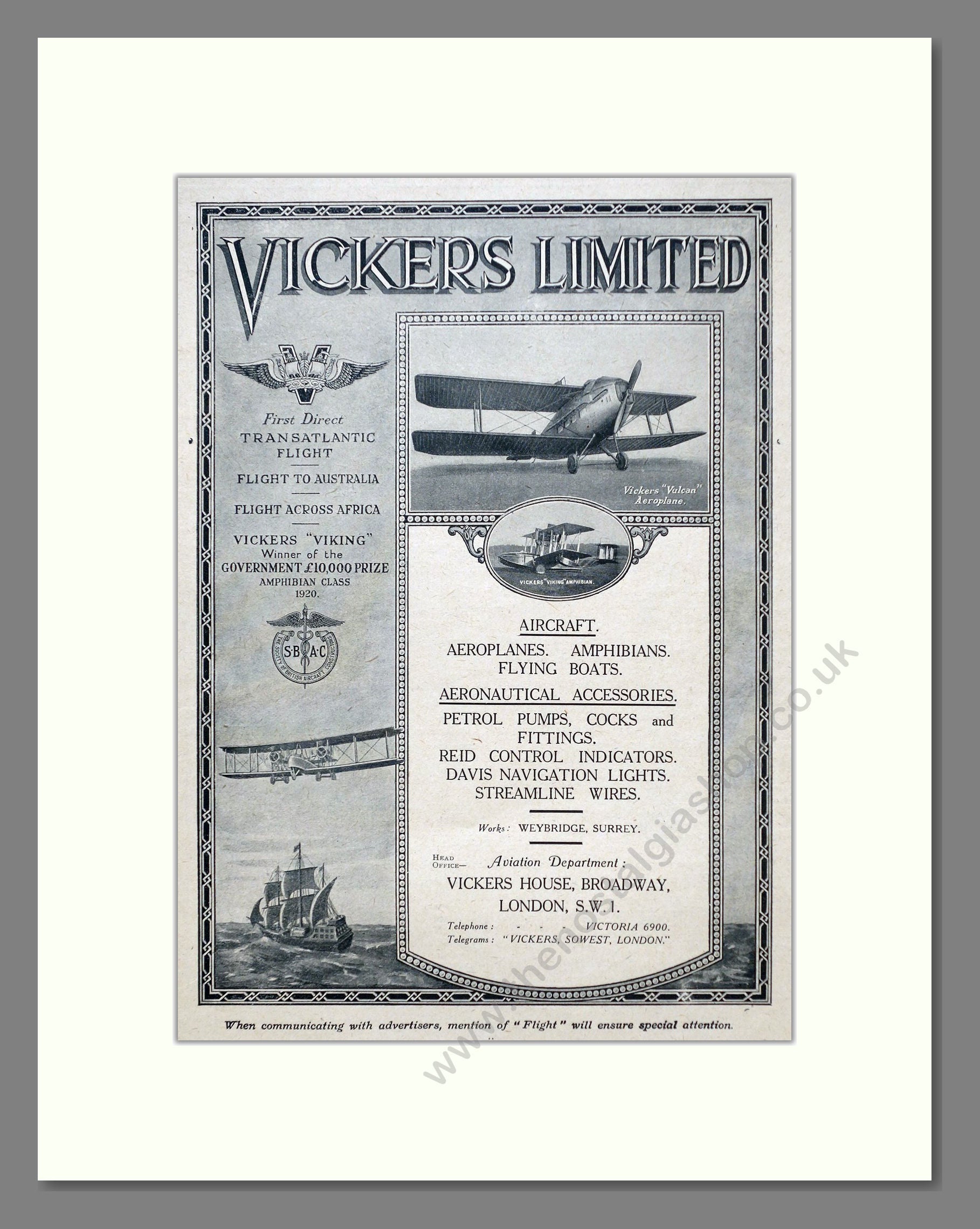 Vickers - Aircraft and Accessories. Vintage Advert 1923 (ref AD62911)