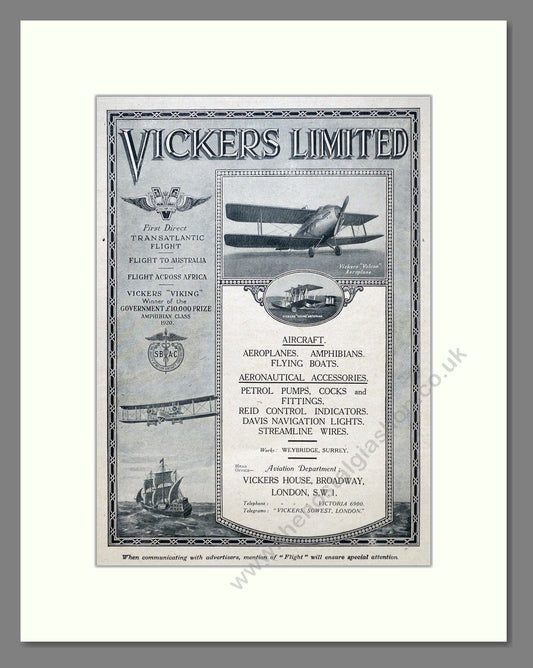 Vickers - Aircraft and Accessories. Vintage Advert 1923 (ref AD62911)