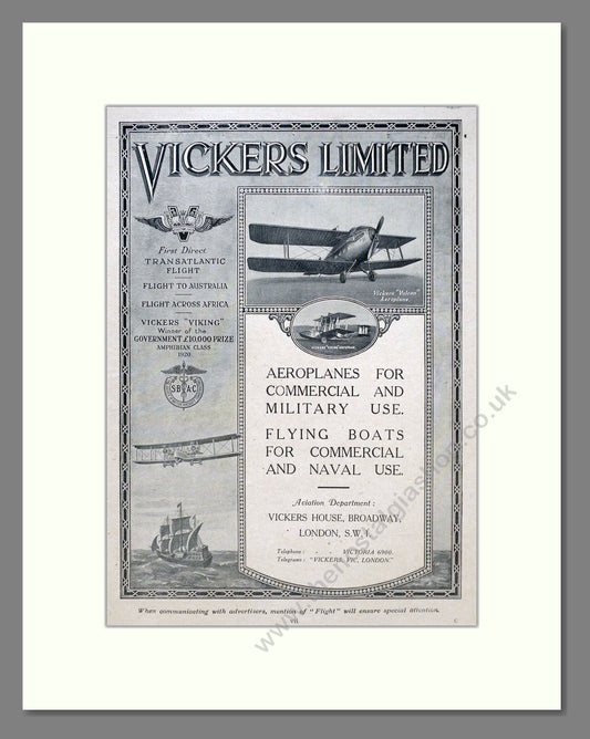 Vickers - Aeroplanes and Flying Boats. Vintage Advert 1922 (ref AD62912)