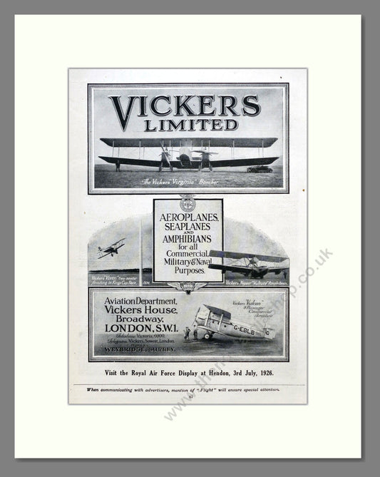Vickers - Aeroplanes, Seaplanes and Amphibians. Vintage Advert 1926 (ref AD62917)