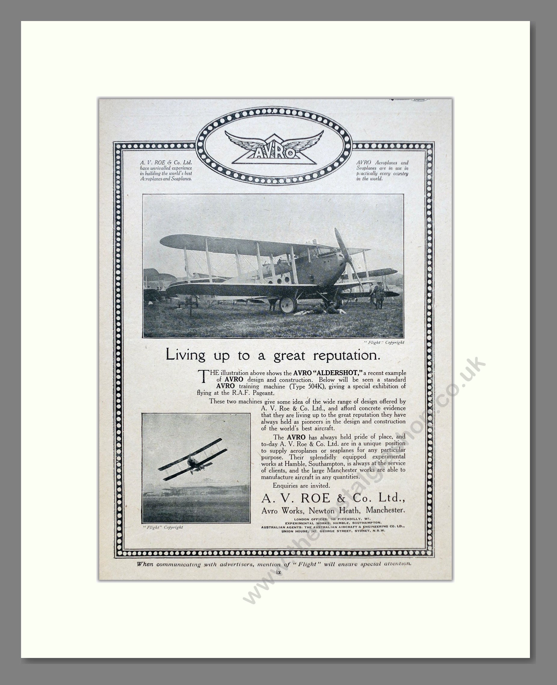 Avro - Aldershot. Vintage Advert 1922 (ref AD62930)