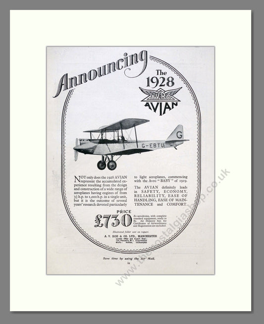 Avro - Avian. Vintage Advert 1927 (ref AD62933)
