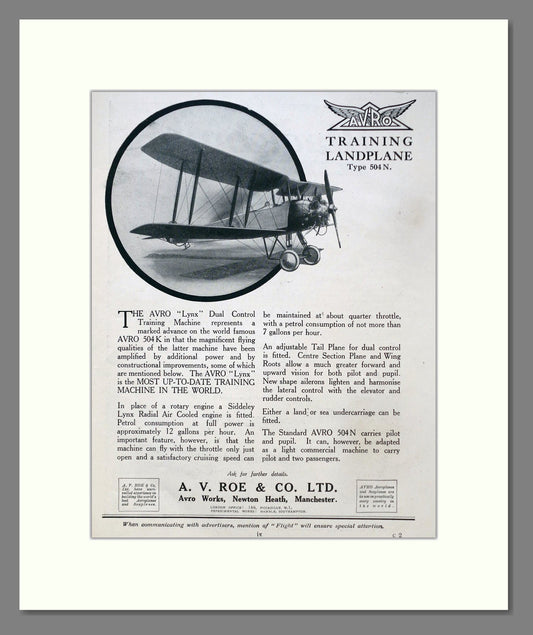 Avro - Lyon Training Landplane. Vintage Advert 1925 (ref AD62935)