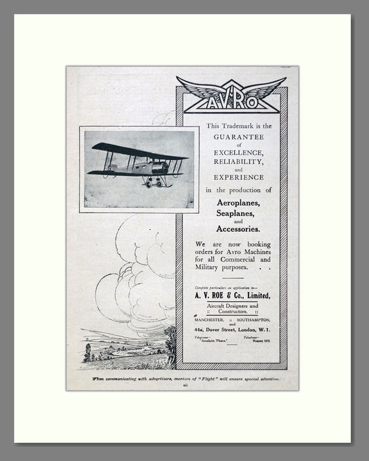Avro - Guarantee Of Excellence. Vintage Advert 1920 (ref AD62937)