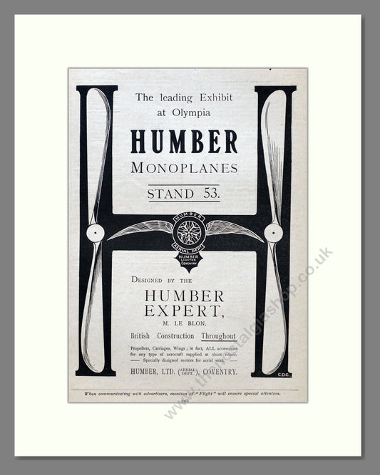 Humber - Monoplanes. Vintage Advert 1910 (ref AD62994)