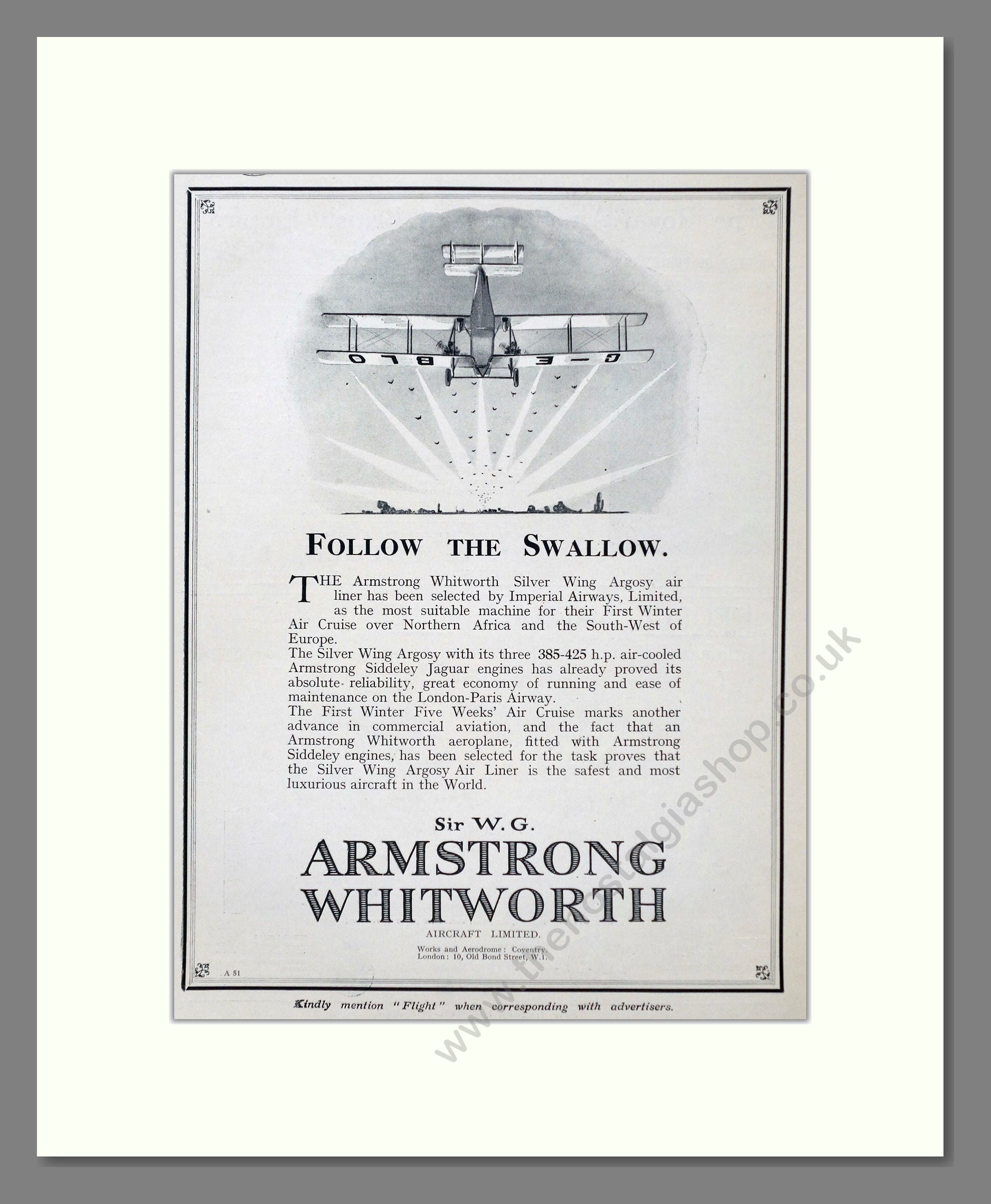 Armstrong Whitworth - Swallow. Vintage Advert 1927 (ref AD63007)