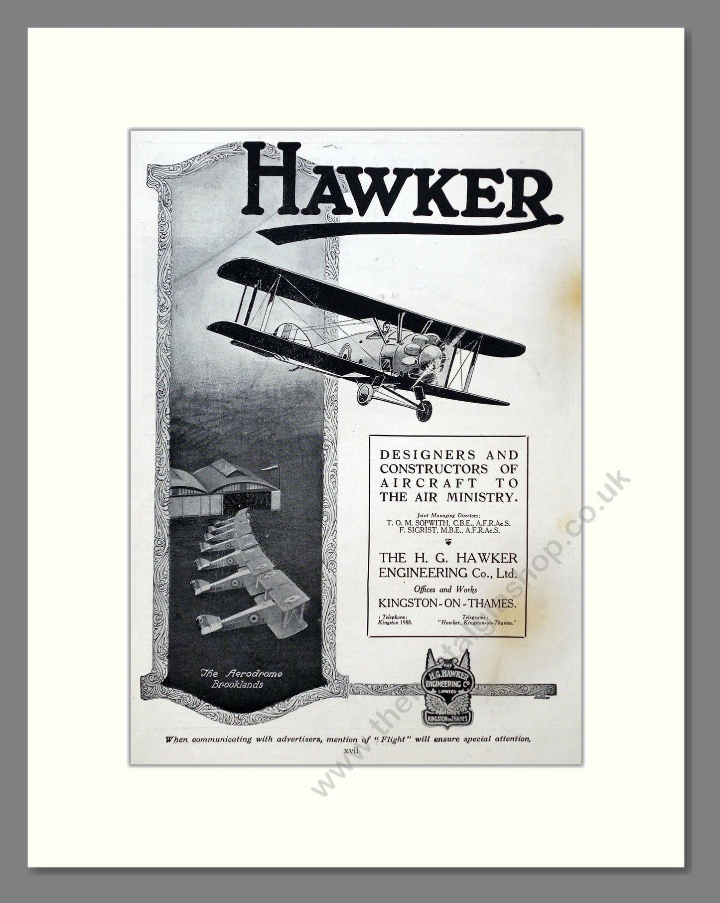 Hawker - Aircraft Designers. Vintage Advert 1925 (ref AD63026)