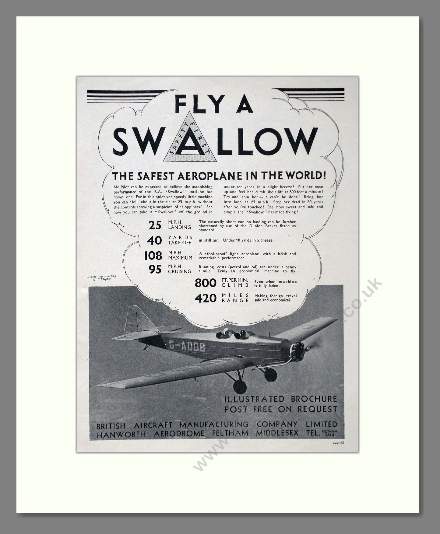 British Aircraft Manufacturing - Swallow. Vintage Advert 1937 (ref AD63051)