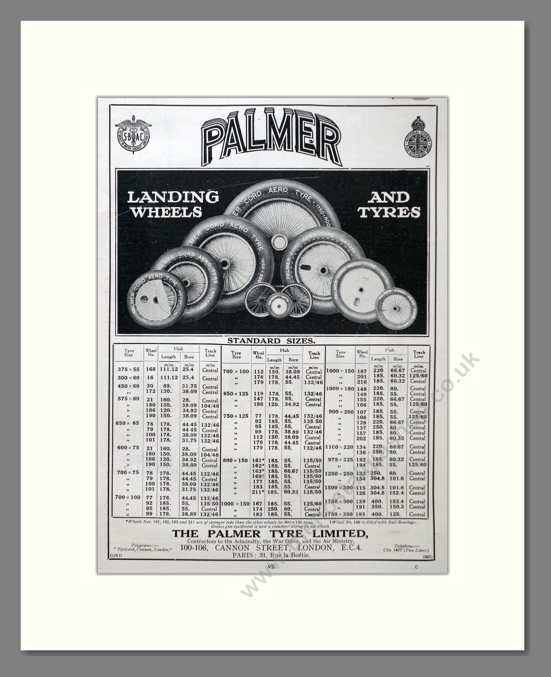 Palmer - Landing Wheels And Tyres. Vintage Advert 1926 (ref AD63125)