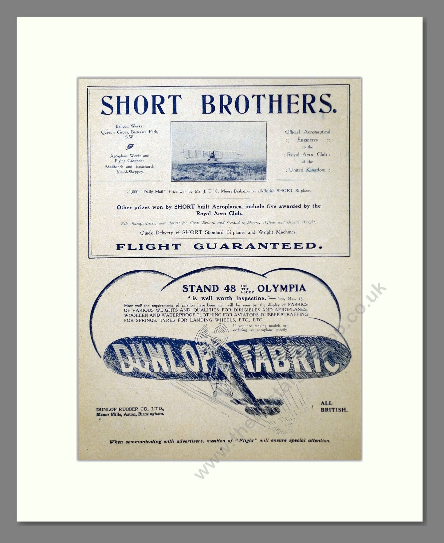 Dunlop - Short Brothers. Vintage Advert 1910 (ref AD63128)