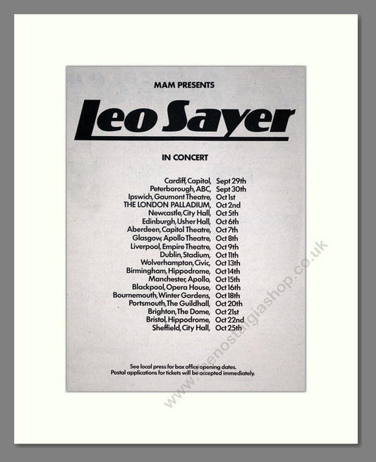 Leo Sayer - UK Tour. Vintage Advert 1977 (ref AD19087)