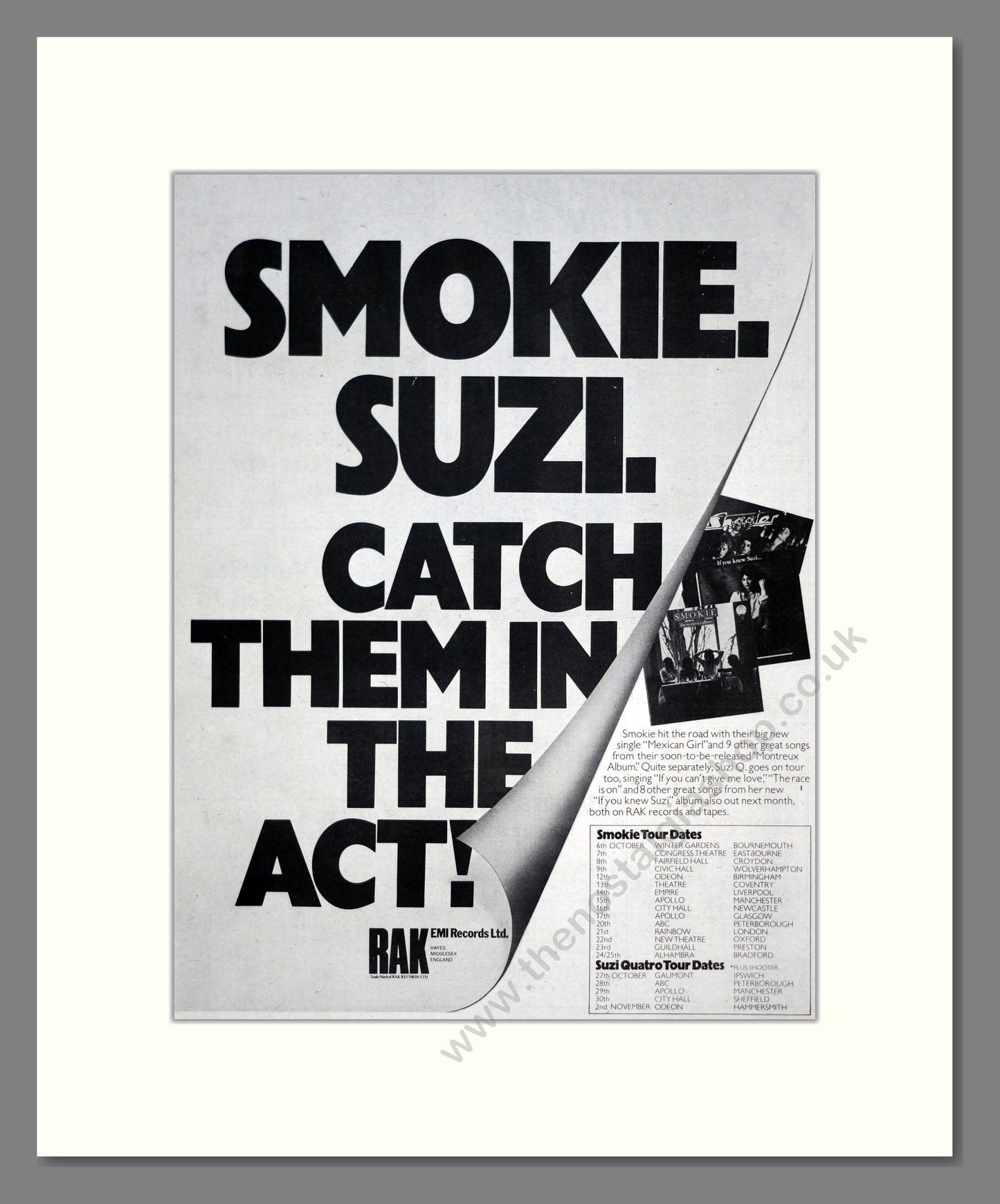 Smokie / Suzi Q - UK Tour. Vintage Advert 1978 (ref AD19476)