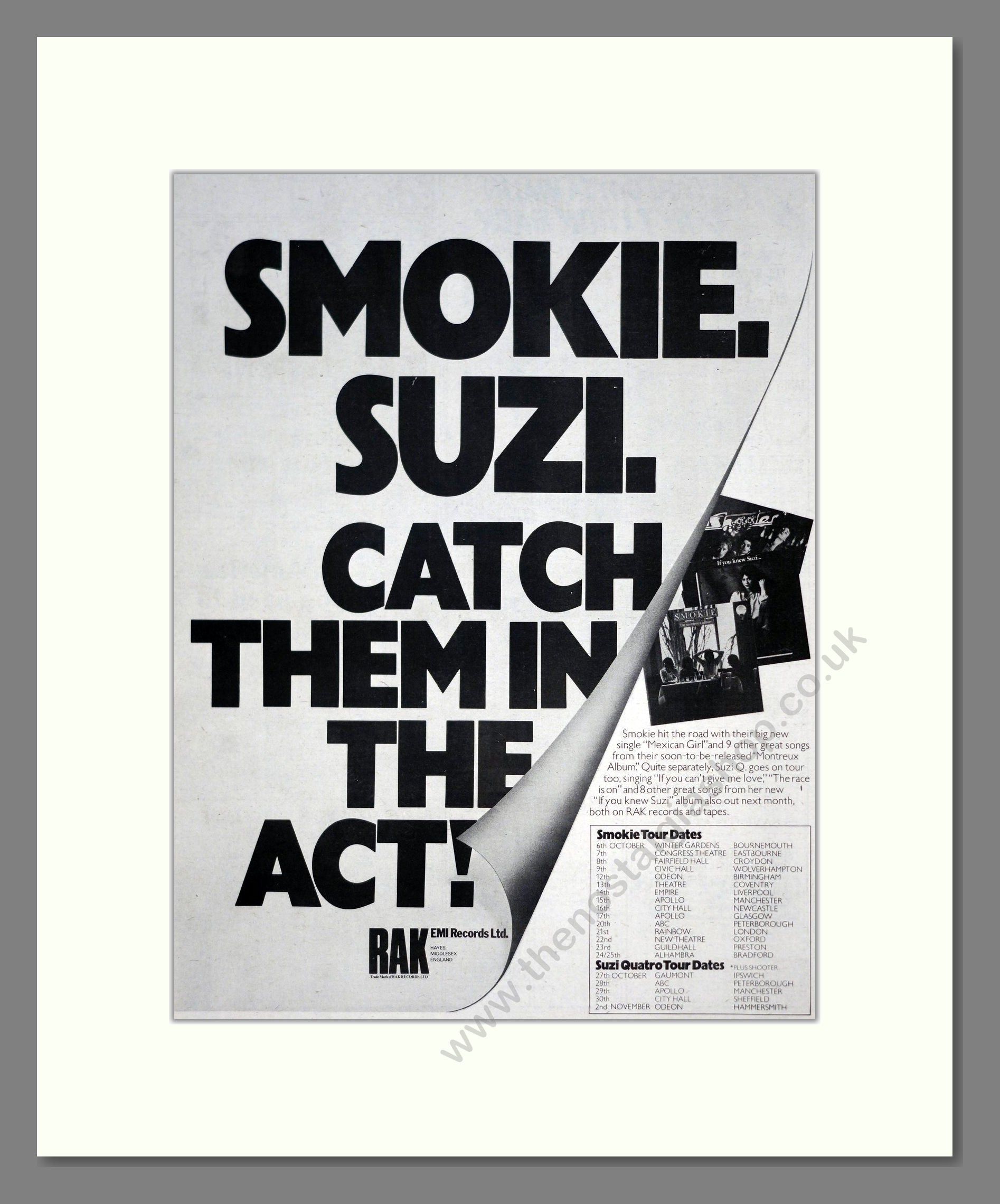 Smokie / Suzi Q - UK Tour. Vintage Advert 1978 (ref AD19476)