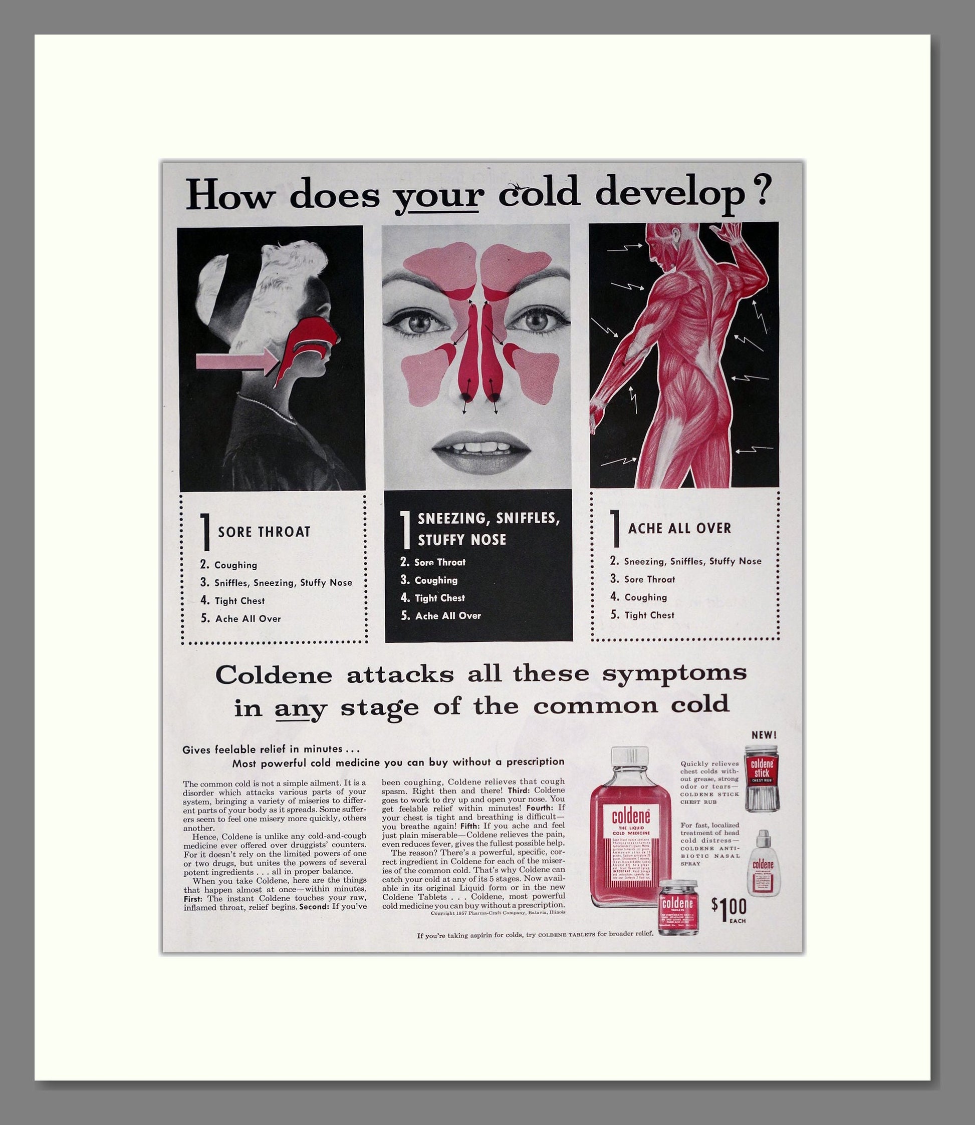 Coldene - Cold Remedy. Vintage Advert 1957 (ref AD302427)