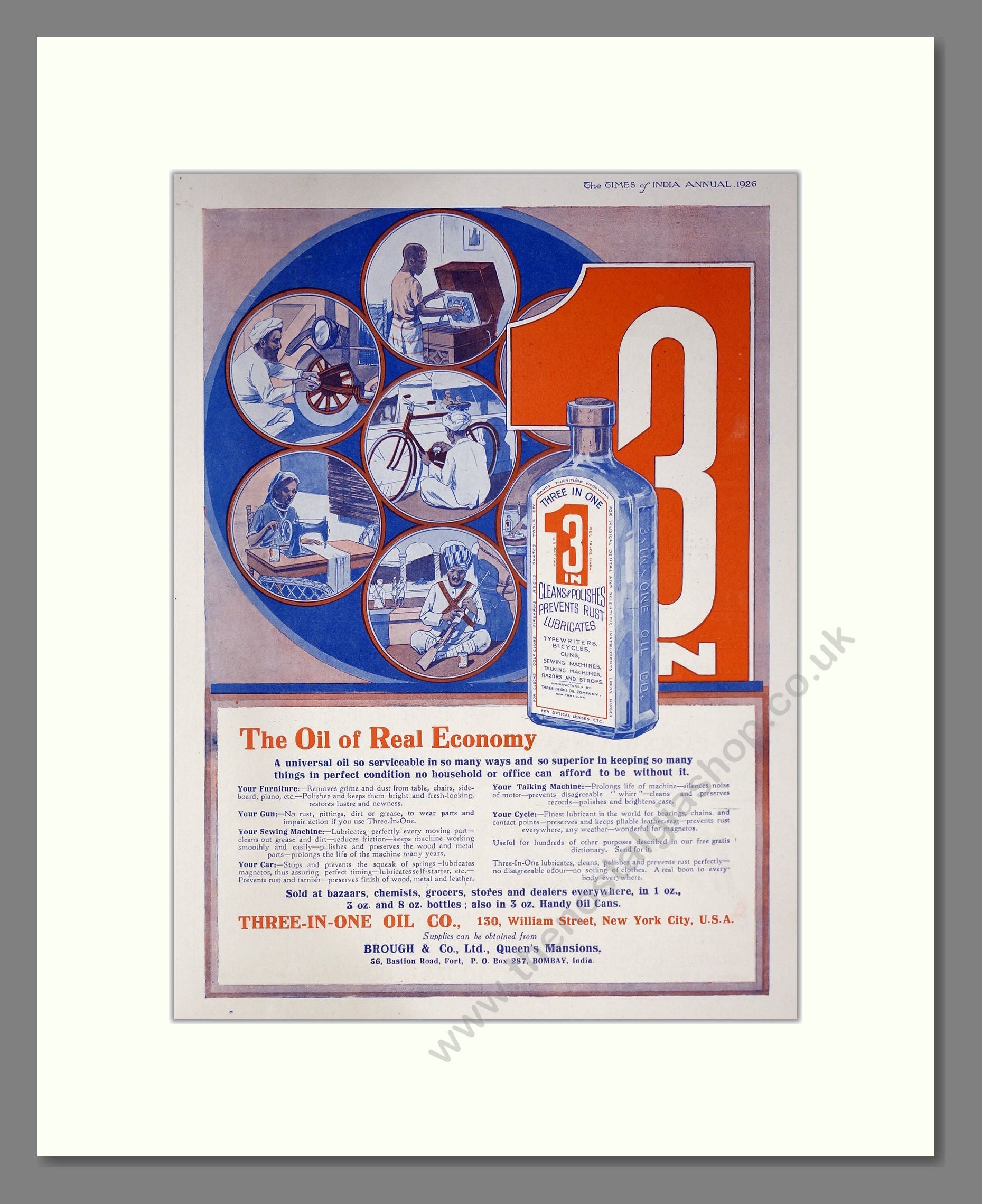 Three-in-one Oil - Cleaning and Lubricating Oil. Vintage Advert 1926 (ref AD302435)