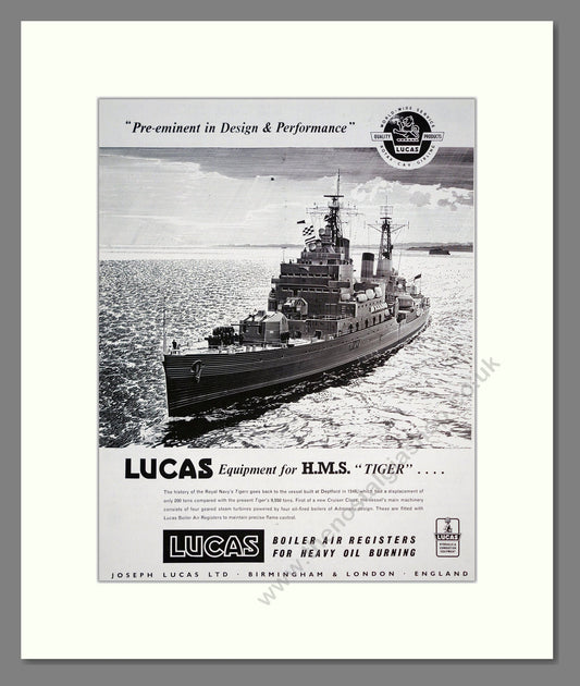 Lucas - Equipment For HMS Tiger. Vintage Advert 1960 (ref AD303028)