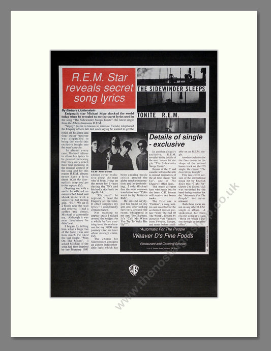 REM - Sidewinder Sleeps Article. Vintage Advert 1993 (ref AD19686)