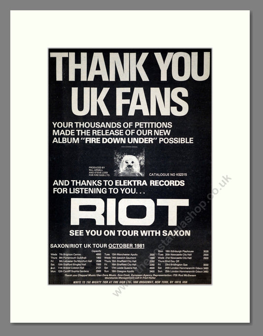 Riot - UK Tour With Saxon. Vintage Advert 1981 (ref AD19879)