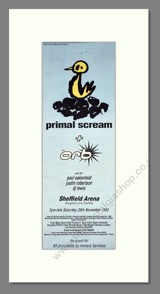 Primal Scream / Orb - Live At Sheffield Arena. Vintage Advert 1992 (ref AD201358)