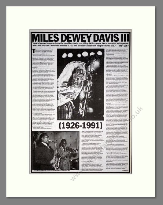 Miles Davis - Obituary. Vintage Advert 1991 (ref AD20046)