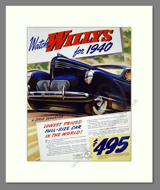 Willys - Lowest Priced Full Sized Car In The World. Vintage Advert 1939 (ref AD303289)