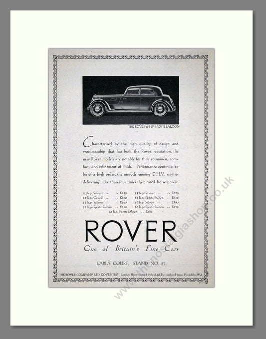 Rover - 16 HP Sports Saloon. Vintage Advert 1937 (ref AD63664)