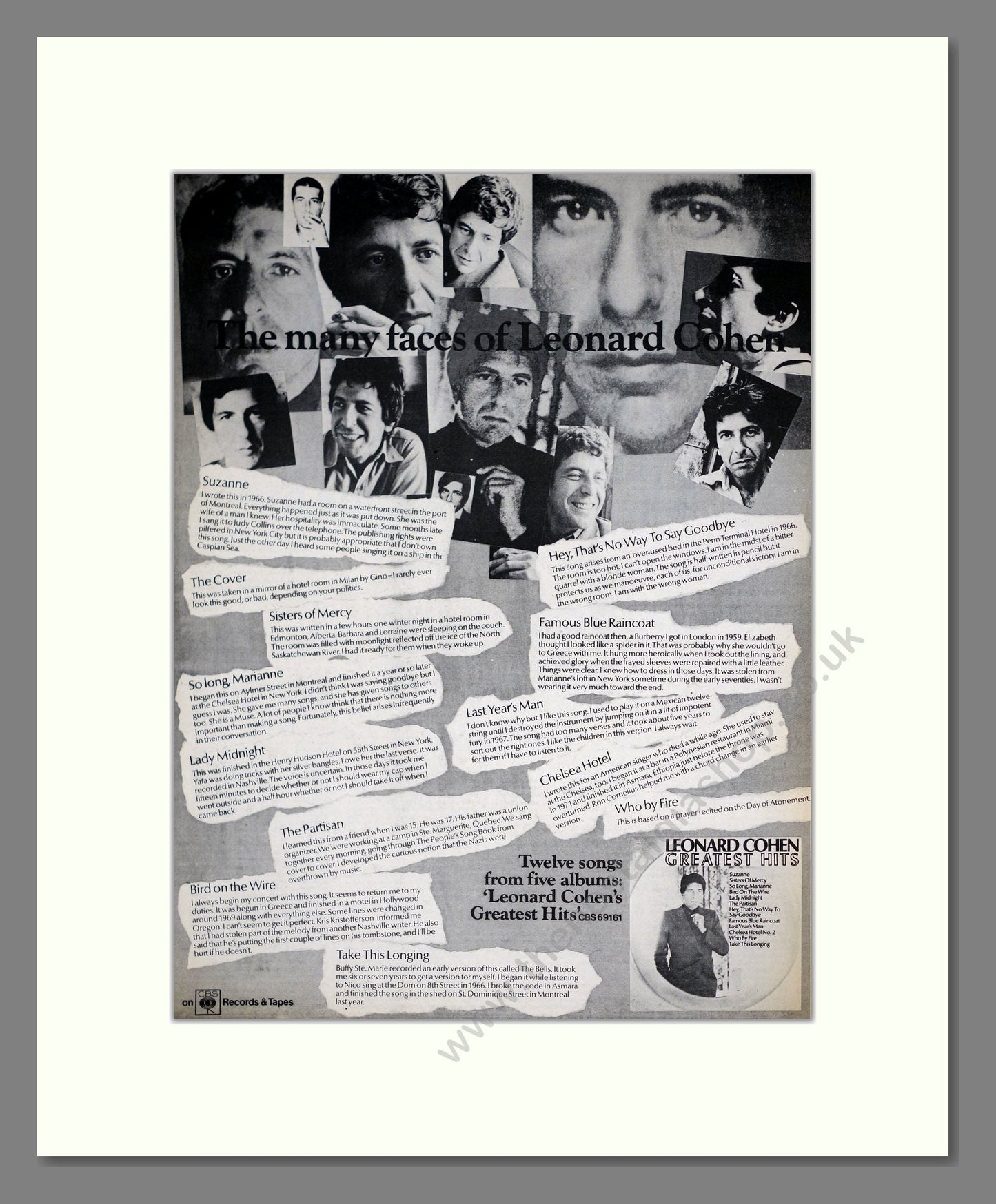 Leonard Cohen - Many Faces Of Leonard Cohen. Vintage Advert 1975 (ref AD20186)