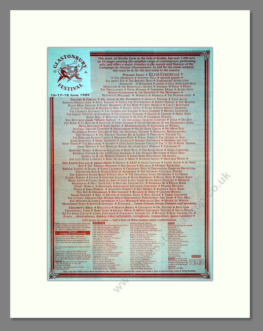 Glastonbury 1989 - Line Up. Vintage Advert 1989 (ref AD20222)