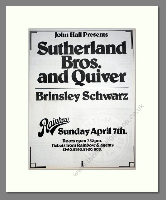 Sutherland Bros / Quiver - Live At The Rainbow. Vintage Advert 1974 (ref AD20244)