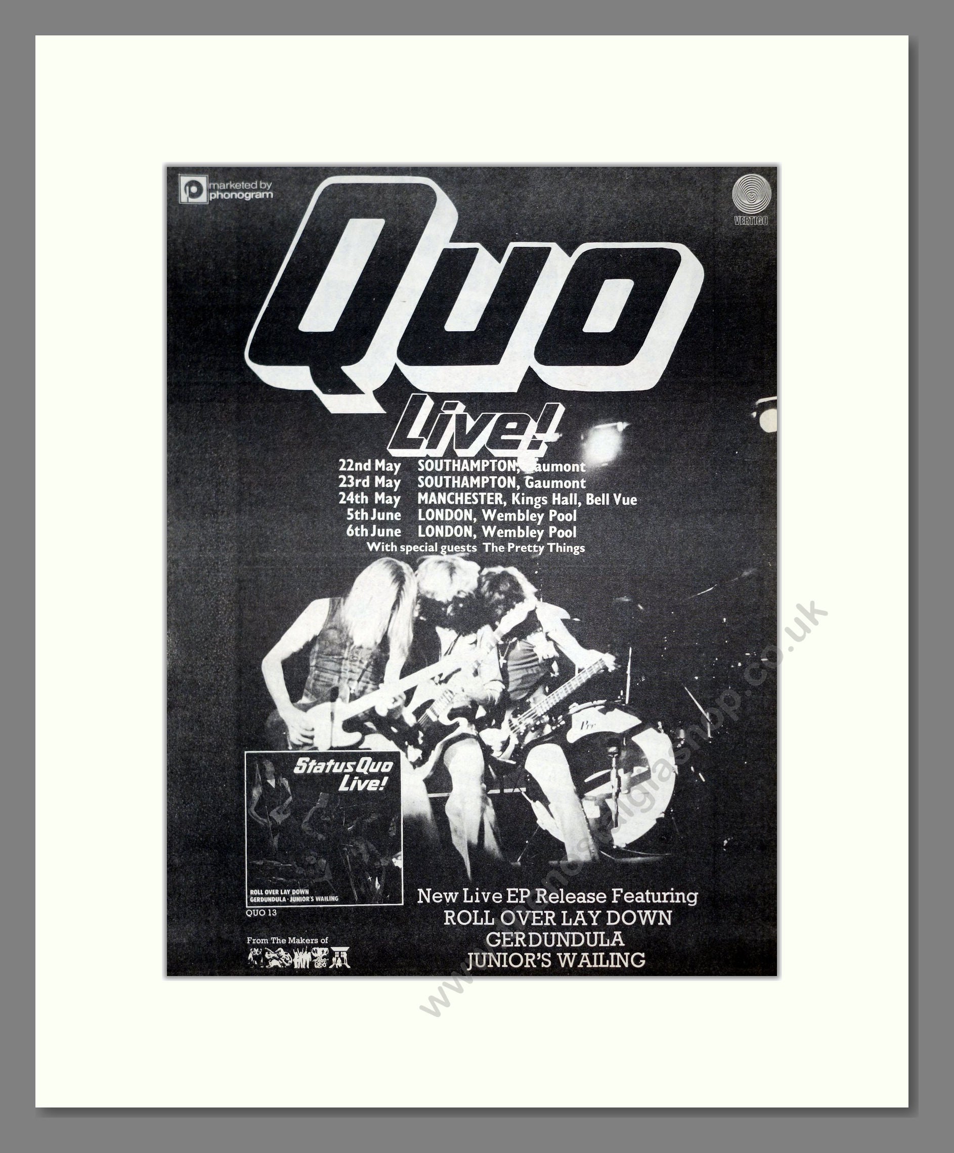 Status Quo - UK Tour. Vintage Advert 1975 (ref AD20267)